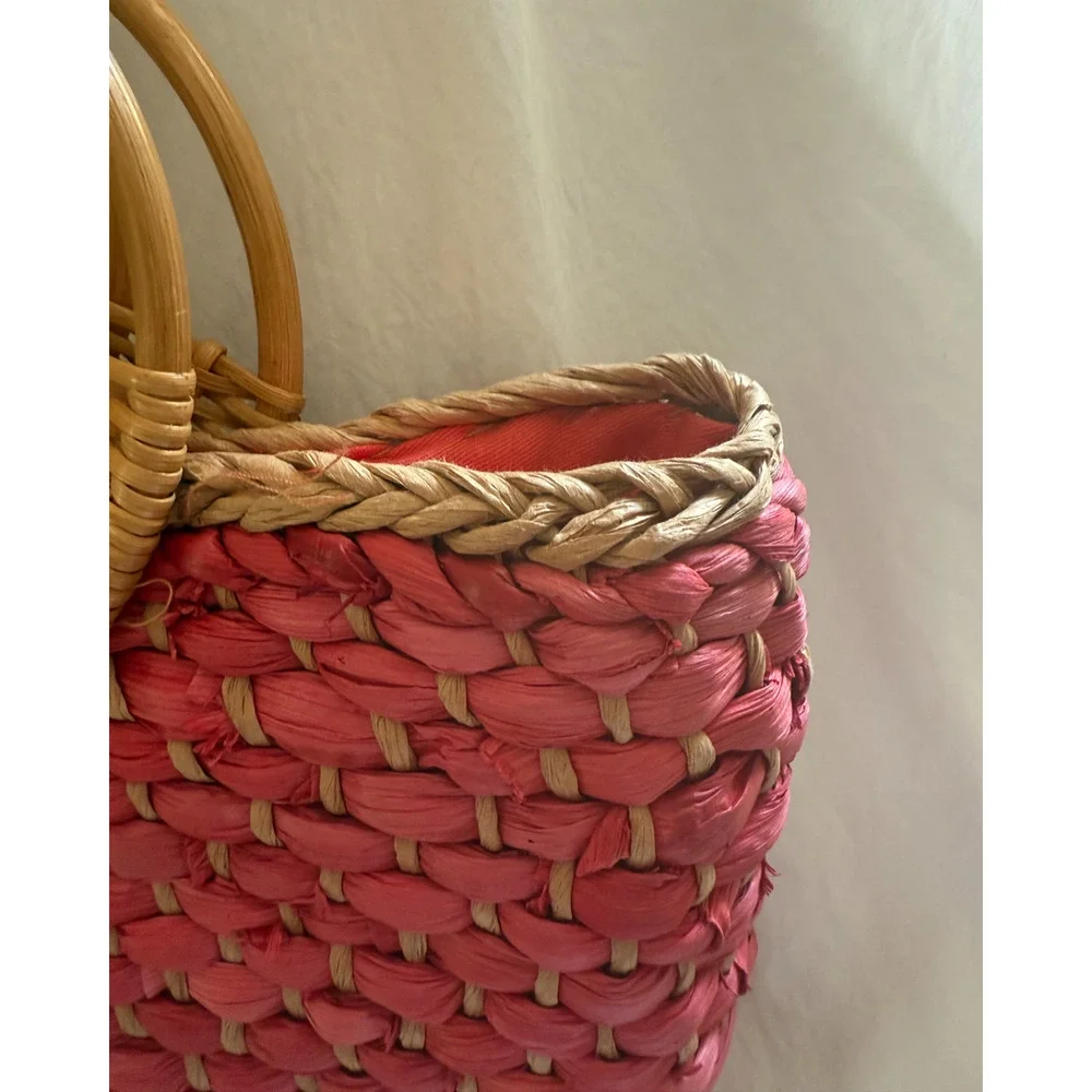 Free People Sophia Straw Tote Red Woven Bamboo Ring Handles Boho Purse Bag EUC